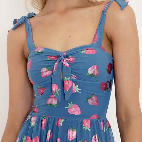 Blackmilk | Strawberries Tie Short Dress | Blue - Picture 7 of 8